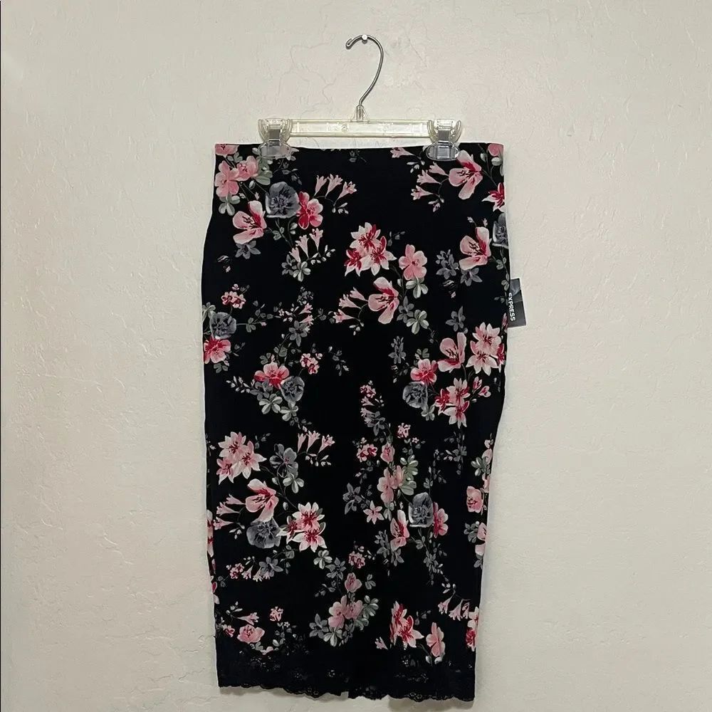 Express Black Floral Design Lace Trim Midi Skirt Bohemian Feminine Cottagecore